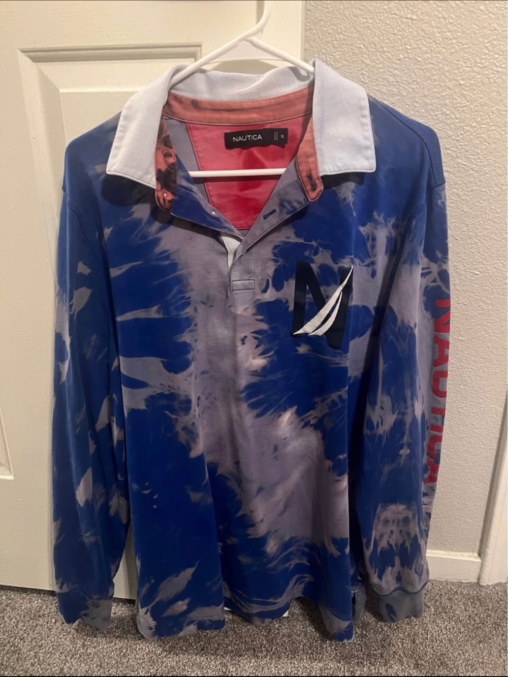 Nautica Blue and White Tie-Dye Rugby Polo with Sail Logo